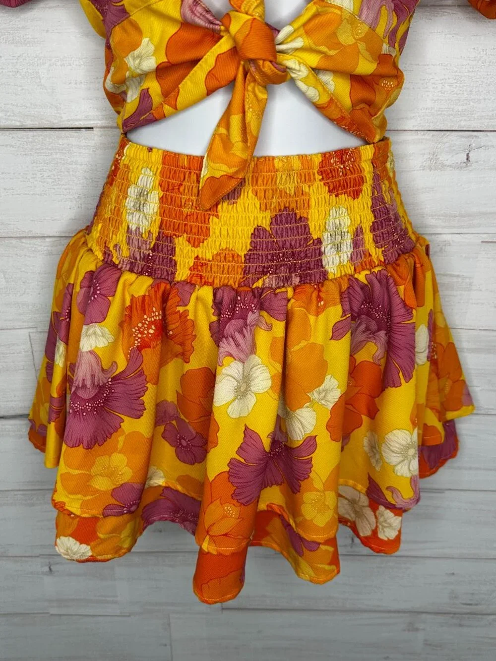 Agua Bendita Set Bailee Crop Top Teresa Tiered Skirt Yellow Blooms Size Small
